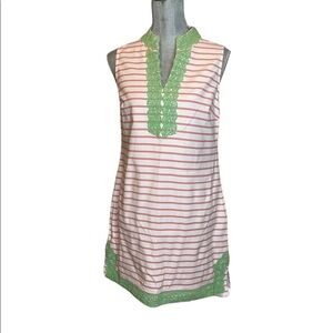 CROWN and Ivy Coral White Stripes Green Crochet Trim Sheath Dress Size 10